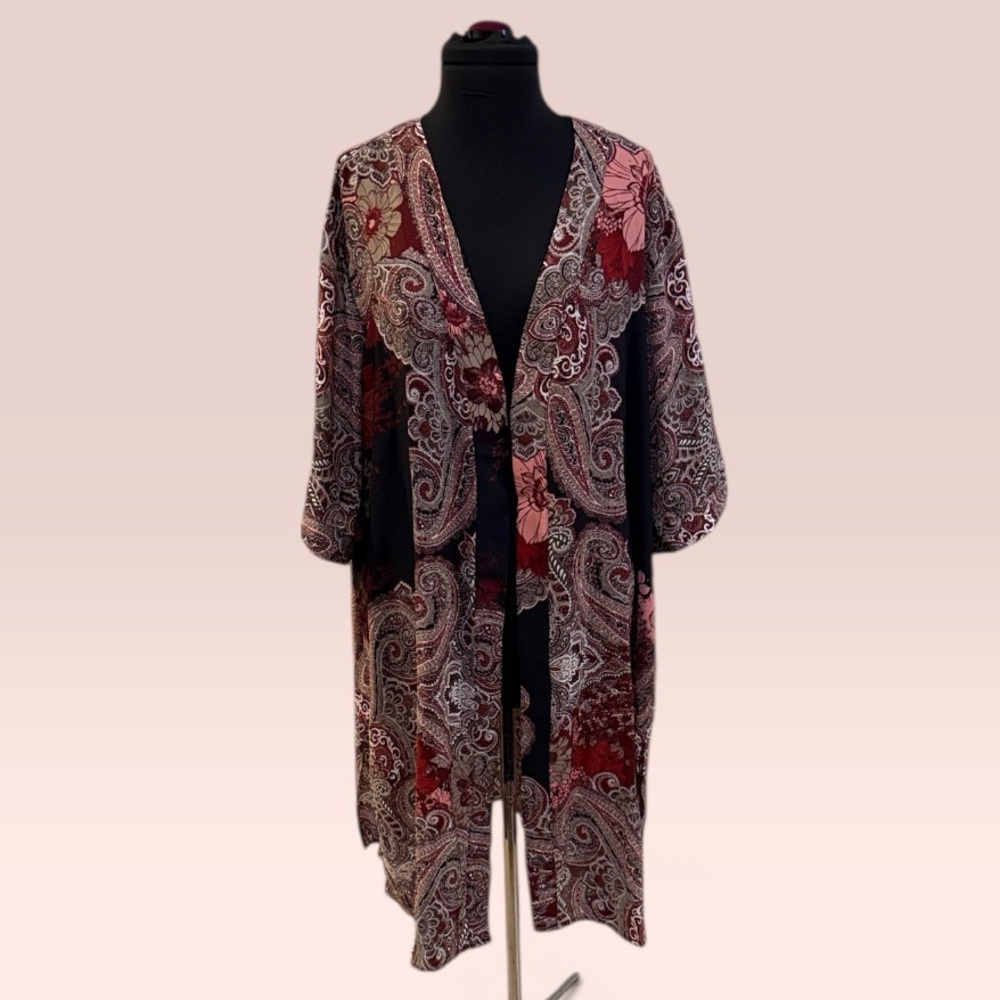 Catherines Black Kimono Robe with Burgundy & Pink Paisley